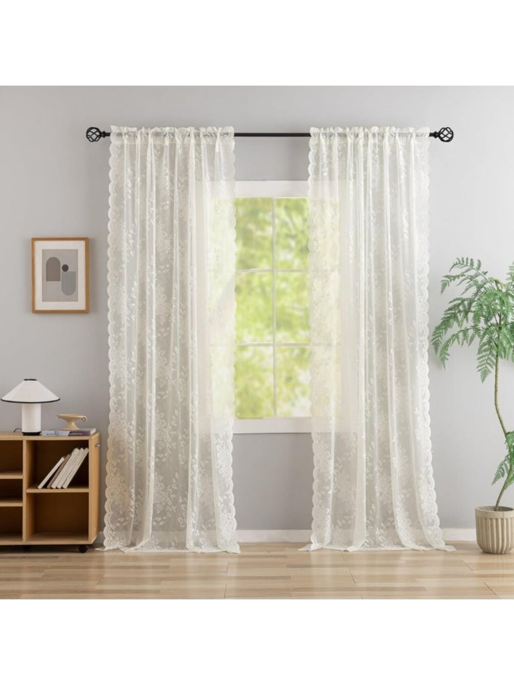 Vintage Ivory Lace Curtains 108" Long Floral Sheer Drapes, 2 Panels Light